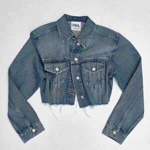 Zara Blue Cropped Jean Jacket with Raw Hem